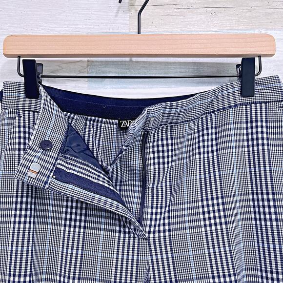ZARA Plaid Slim Leg Trousers Blue White Ankle Crop Stretch Work Womens Large - Picture 4 of 9